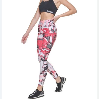 Dkny Womens Printed High Waist Performance Leggings Tight Fiery Pink L